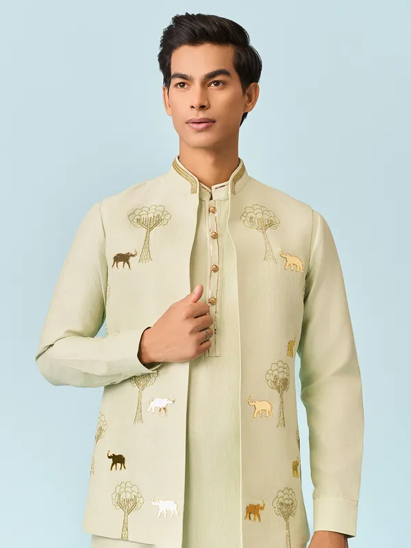 Mint green falmingo applique worked kurta jacket set