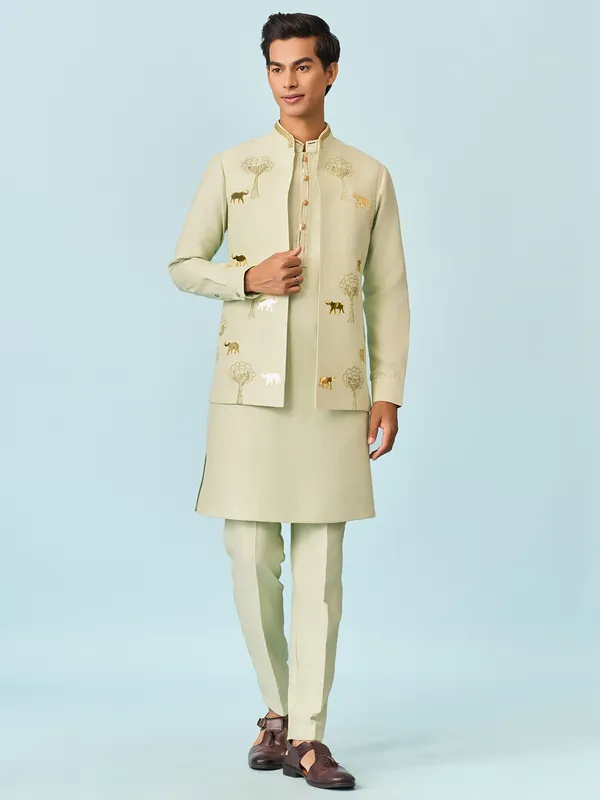 Mint green falmingo applique worked kurta jacket set