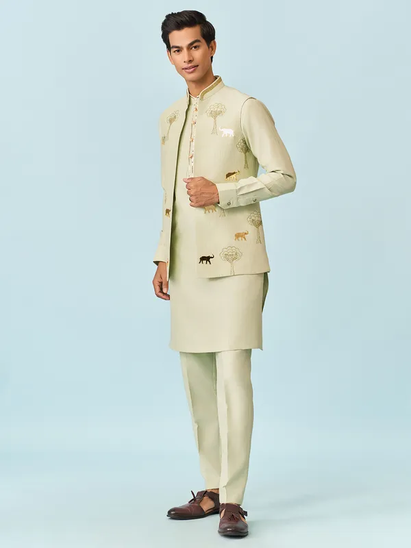 Mint green falmingo applique worked kurta jacket set