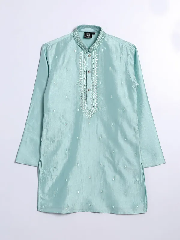 Mint green festive kurta suit in silk