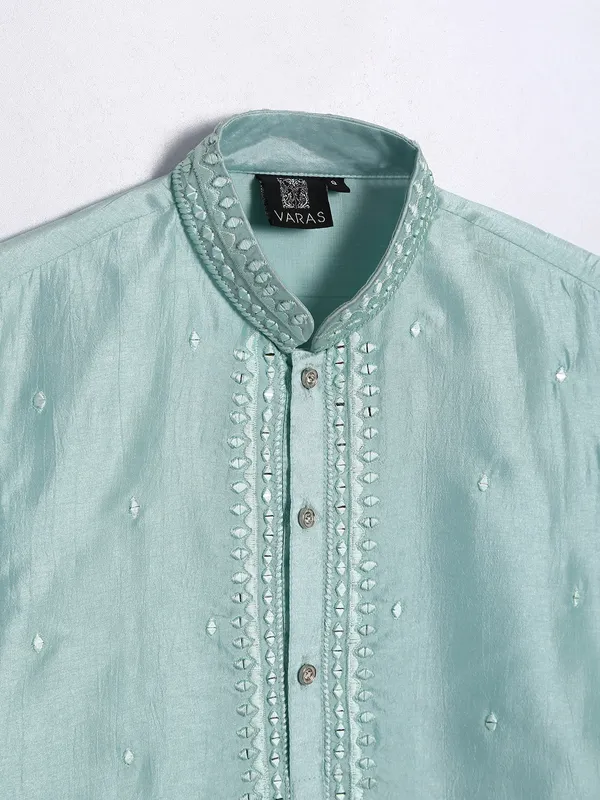 Mint green festive kurta suit in silk