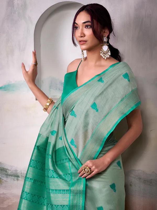 Mint green festive wear cotton saree