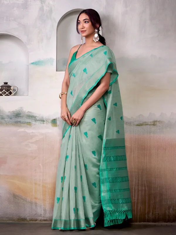 Mint green festive wear cotton saree