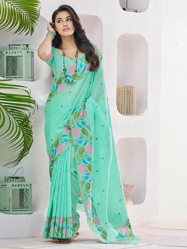 Mint green festive wear saree in soft linen