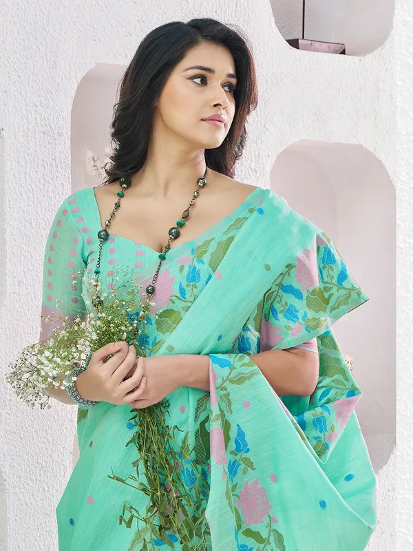 Mint green festive wear saree in soft linen
