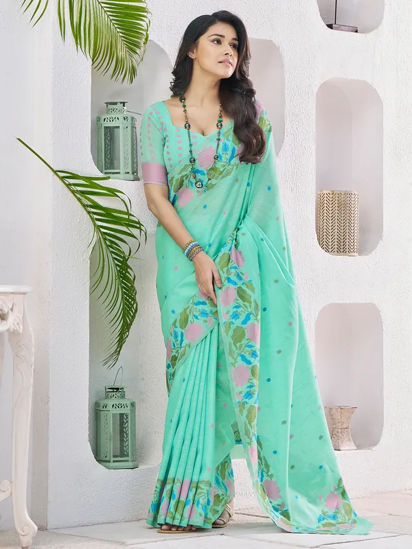 Mint green festive wear saree in soft linen
