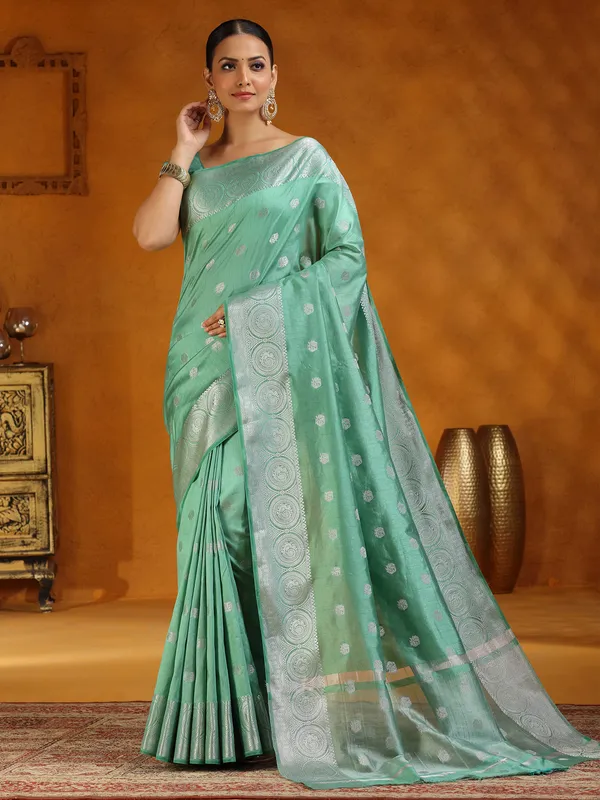 Mint green festive wear silk saree