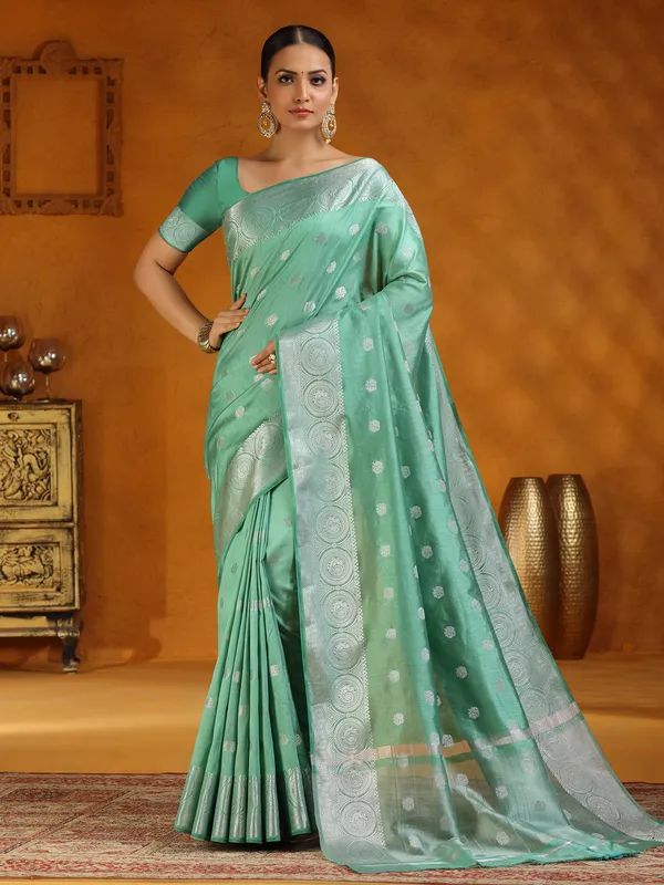 Mint green festive wear silk saree