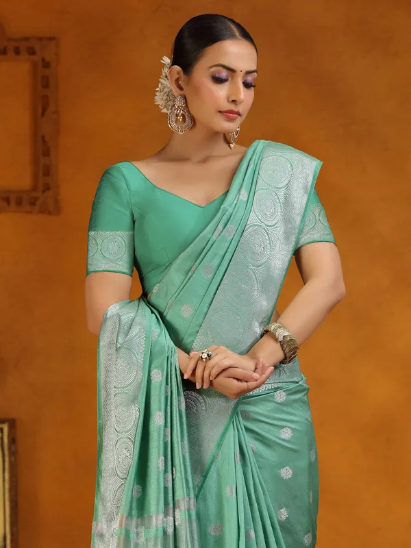 Mint green festive wear silk saree