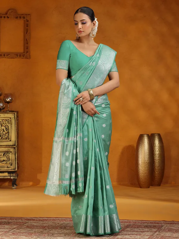 Mint green festive wear silk saree