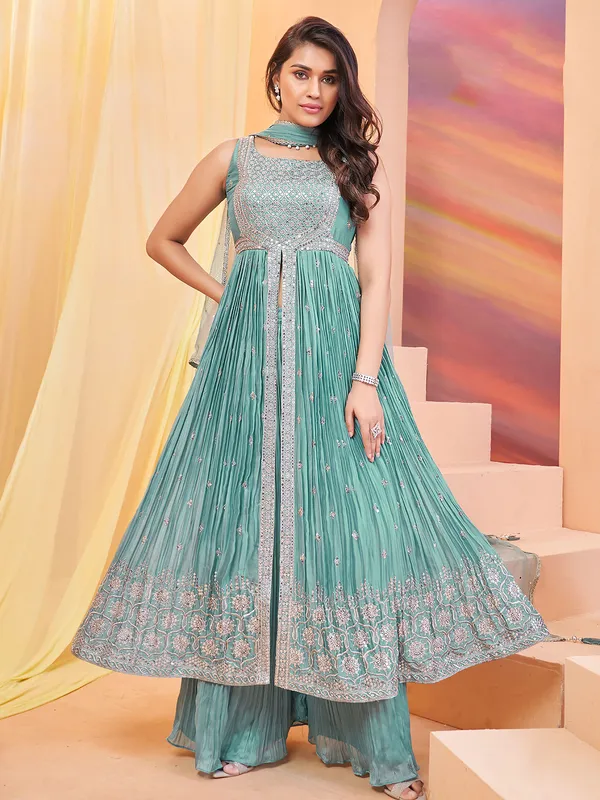 Mint green georgette front slit palazzo suit