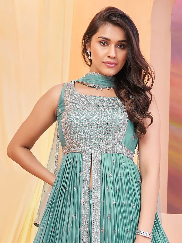 Mint green georgette front slit palazzo suit