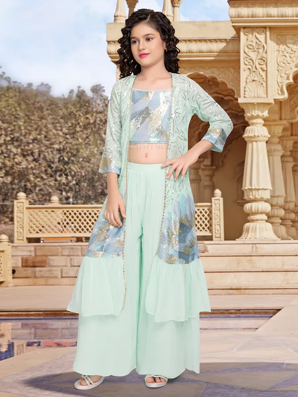 Mint green georgette jacket style palazzo suit