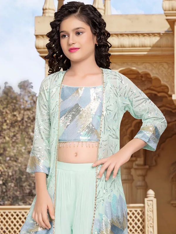 Mint green georgette jacket style palazzo suit