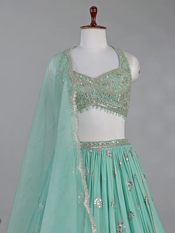 Mint green georgette lehenga choli with bead and mirror work
