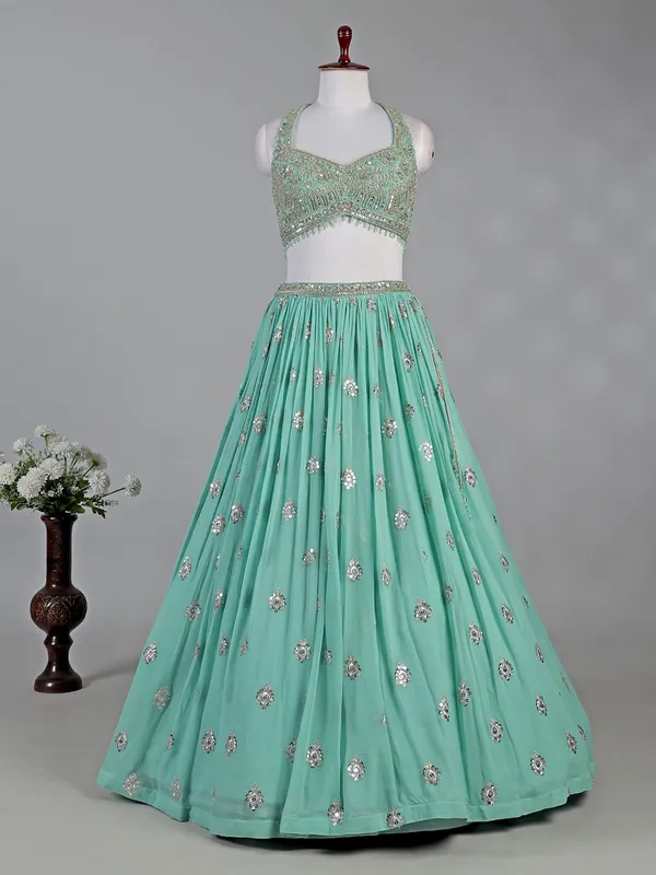 Mint green georgette lehenga choli with bead and mirror work