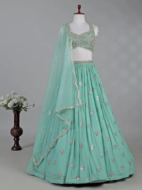 Mint green georgette lehenga choli with bead and mirror work