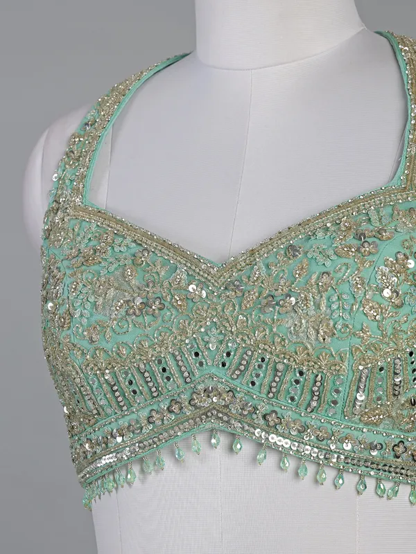Mint green georgette lehenga choli with bead and mirror work