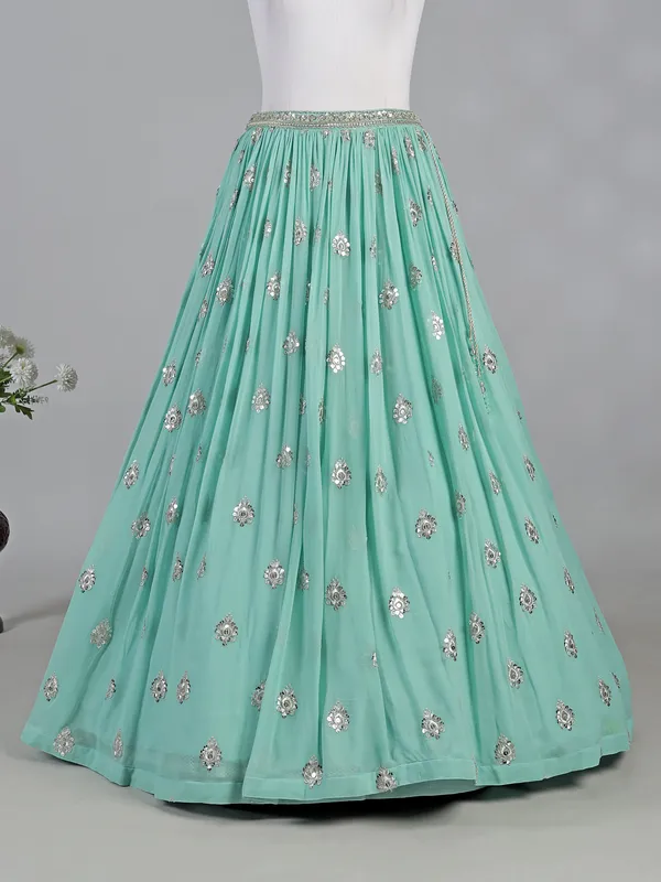 Mint green georgette lehenga choli with bead and mirror work