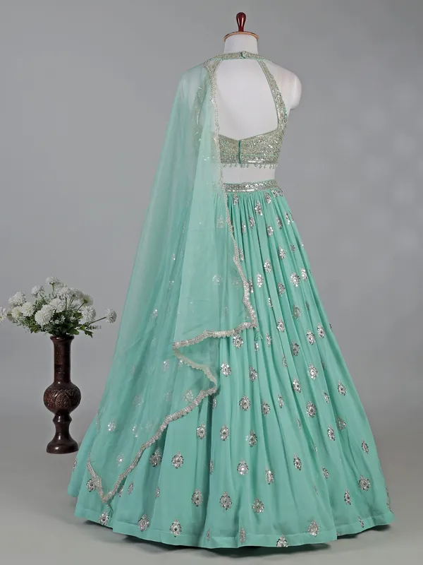 Mint green georgette lehenga choli with bead and mirror work