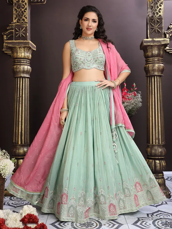 Mint green georgette lehenga choli with embellished detailing