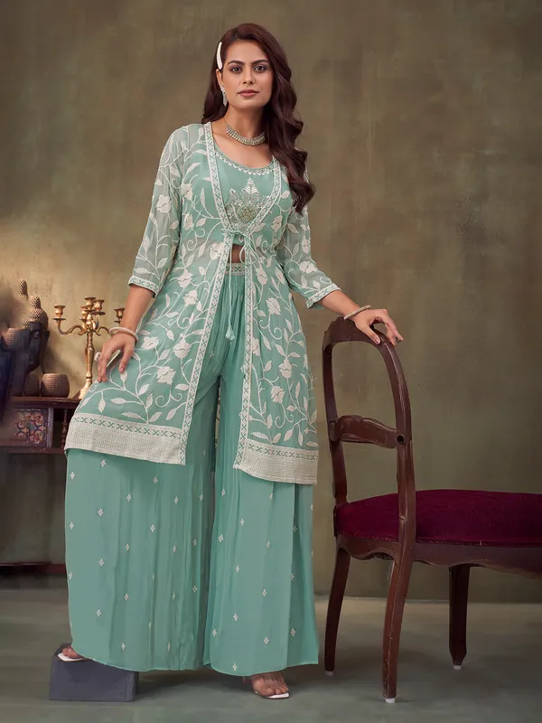 Mint green georgette palazzo suit with jacket style