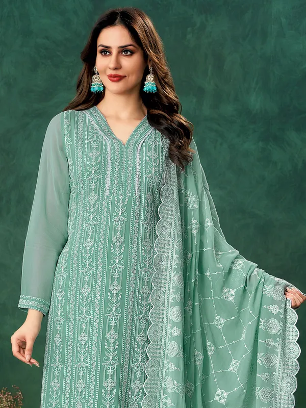 Mint green georgette salwar suit with thread work