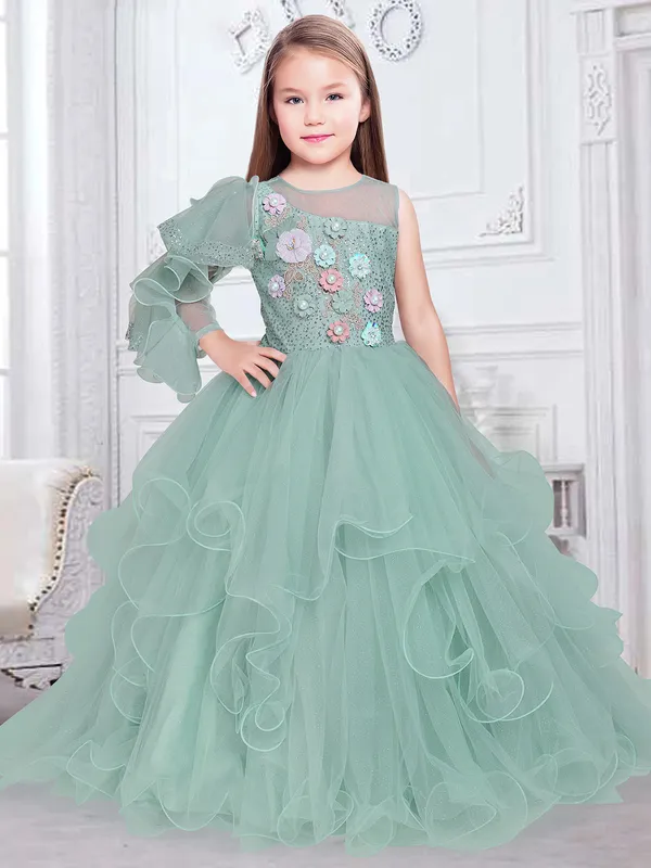 Mint green gown in net for party and reception wear