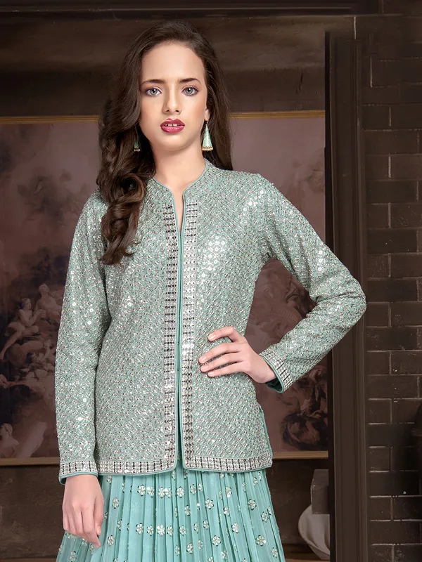 Mint green jacket style lahenga choli