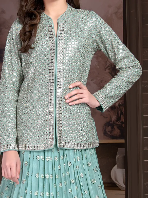 Mint green jacket style lahenga choli