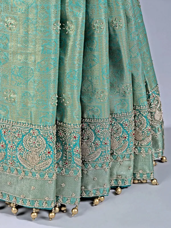 Mint green kanjivaram saree with pearl work
