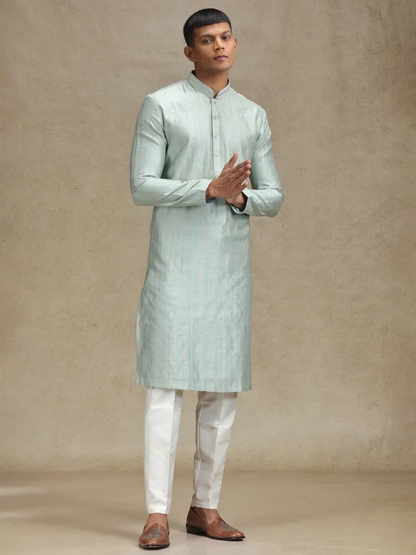 Mint green kurta pajama in textured stripe pattern