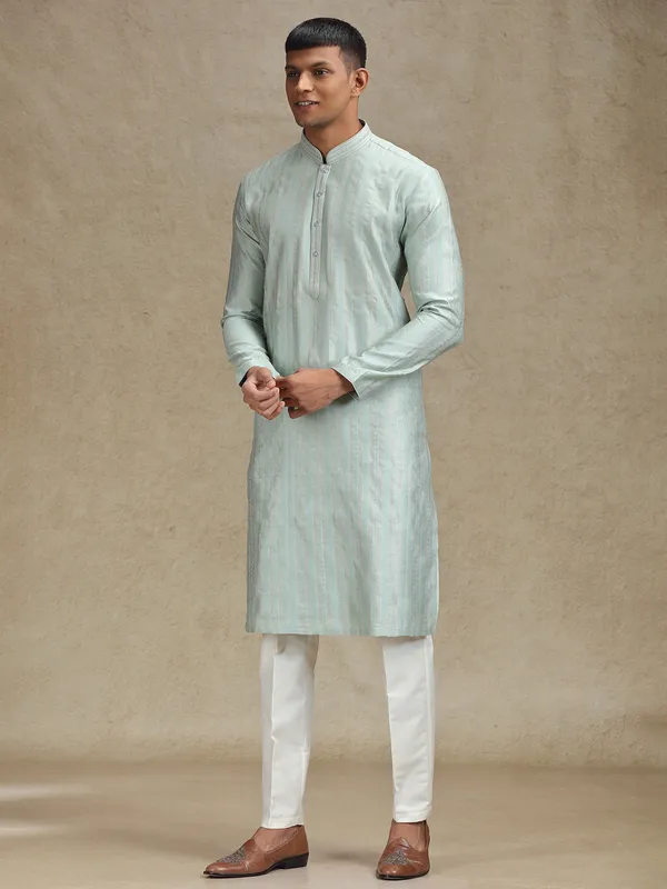 Mint green kurta pajama in textured stripe pattern
