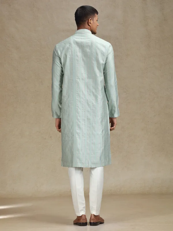Mint green kurta pajama in textured stripe pattern