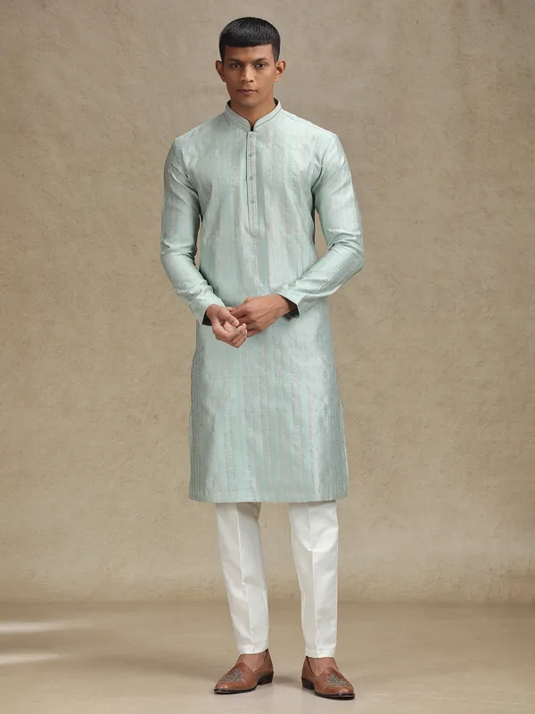 Mint green kurta pajama in textured stripe pattern