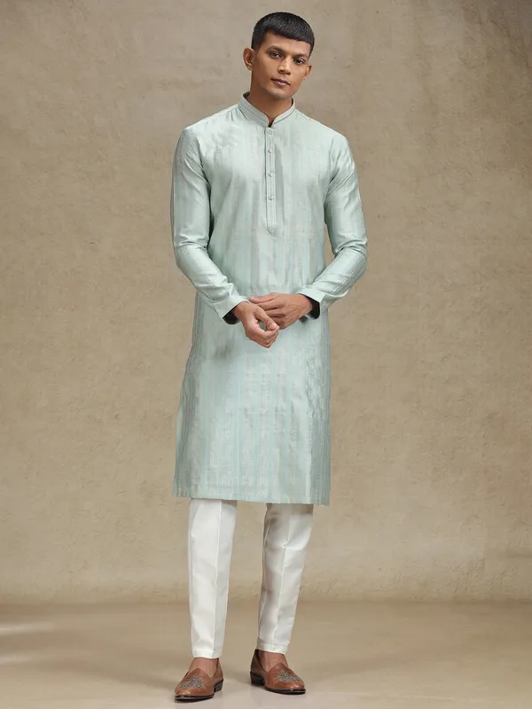 Mint green kurta pajama in textured stripe pattern