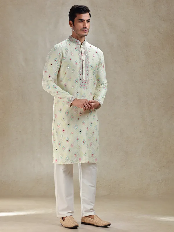 Mint green kurta suit subtle refinement in cotton silk