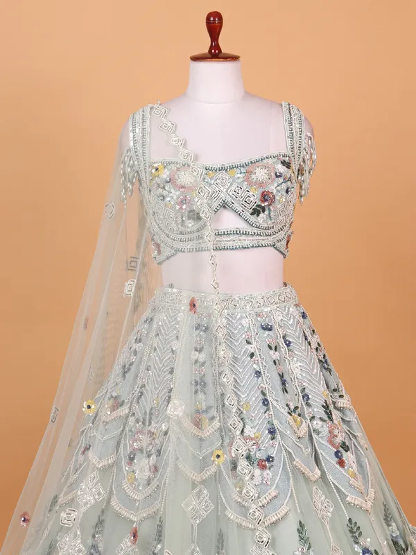 Mint green net lehenga choli with heavy work