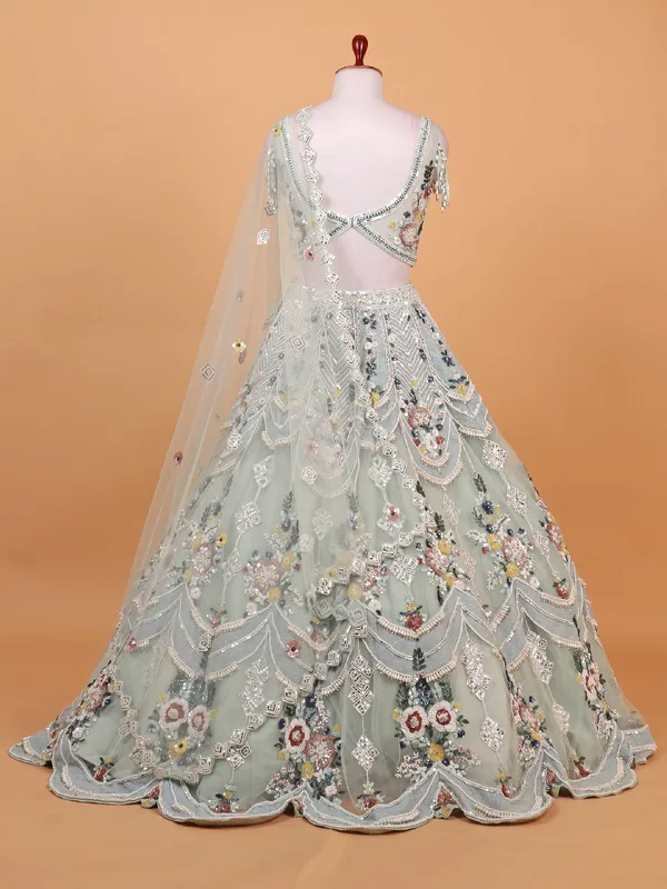 Mint green net lehenga choli with heavy work