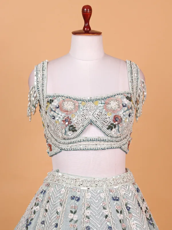 Mint green net lehenga choli with heavy work