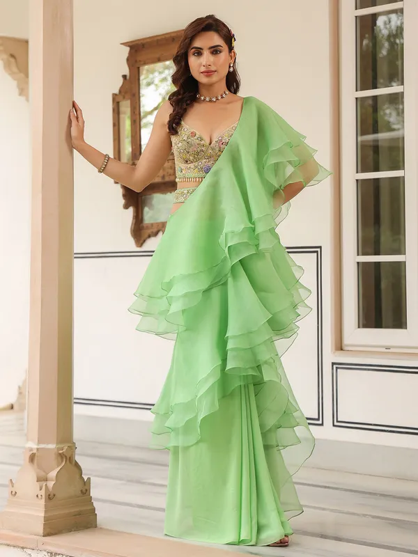Mint green organza and georgette ready to wear saree