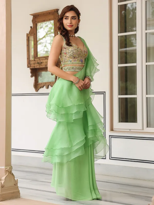 Mint green organza and georgette ready to wear saree