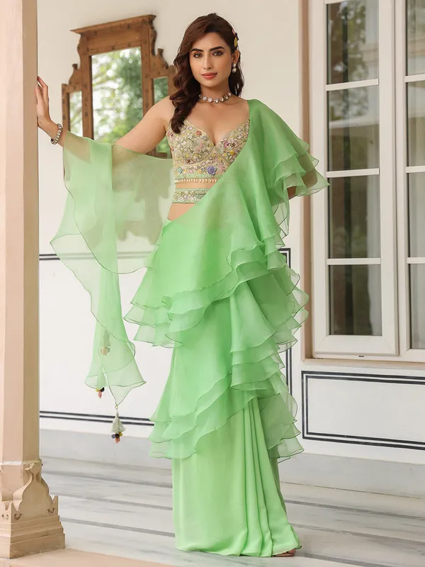 Mint green organza and georgette ready to wear saree