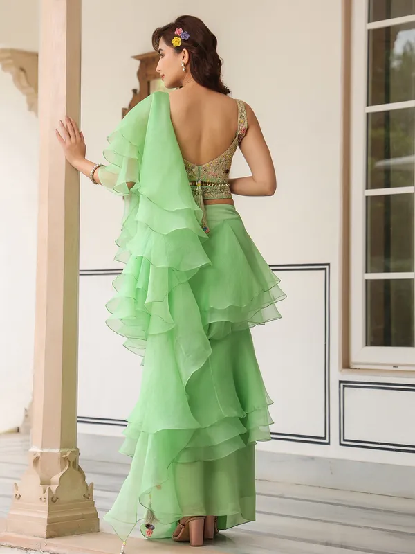 Mint green organza and georgette ready to wear saree