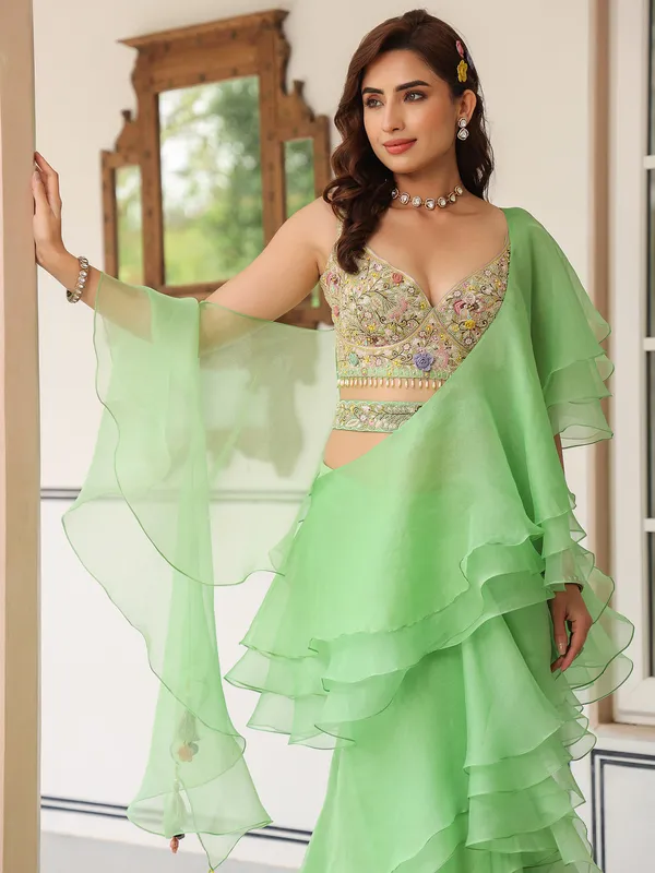 Mint green organza and georgette ready to wear saree