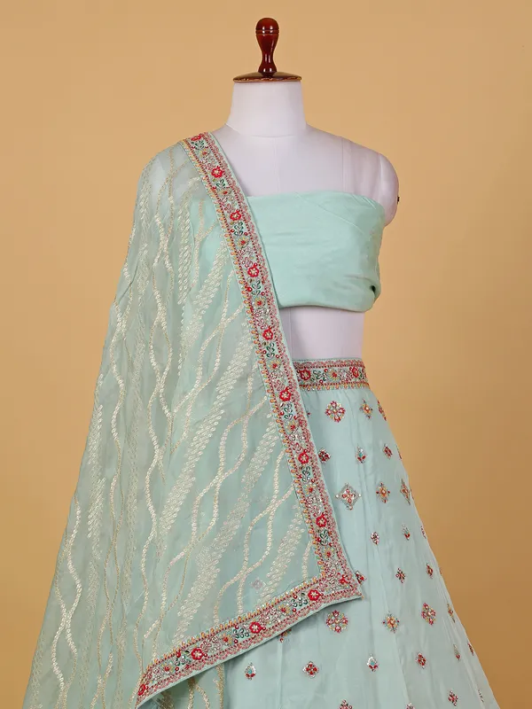 Mint green organza unstitched lehenga choli