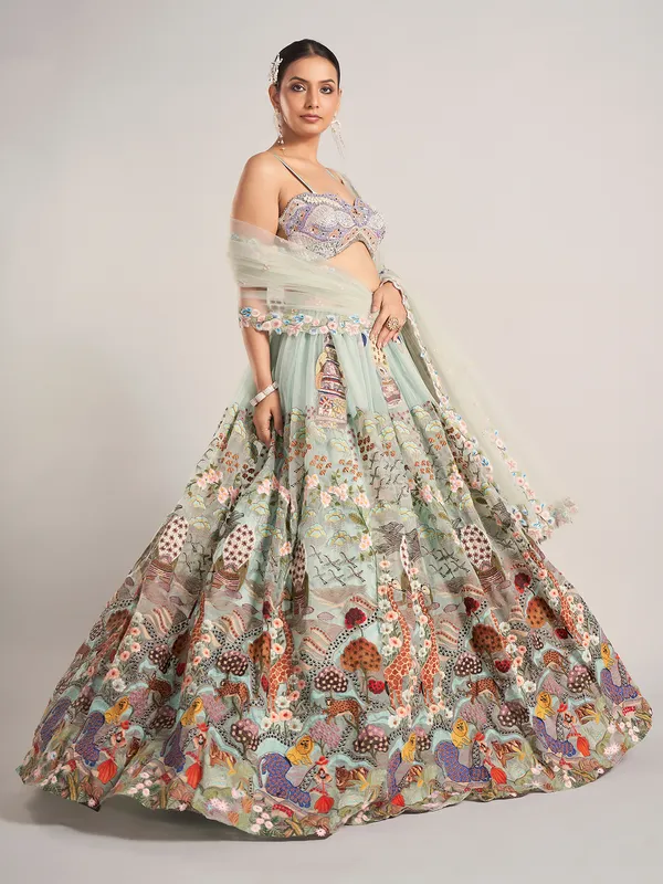 Mint green organza wedding wear lehenga choli