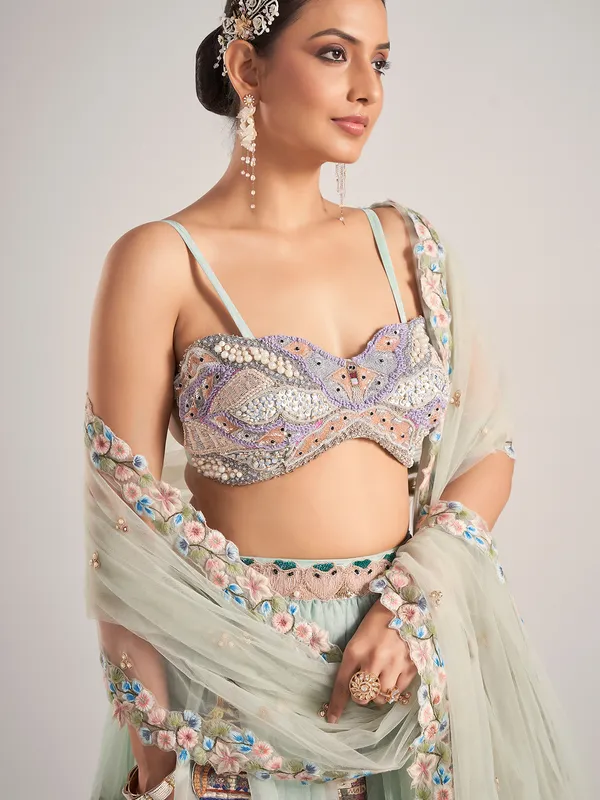 Mint green organza wedding wear lehenga choli