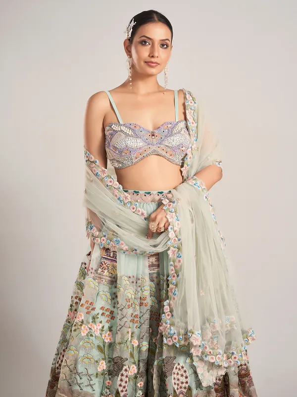 Mint green organza wedding wear lehenga choli