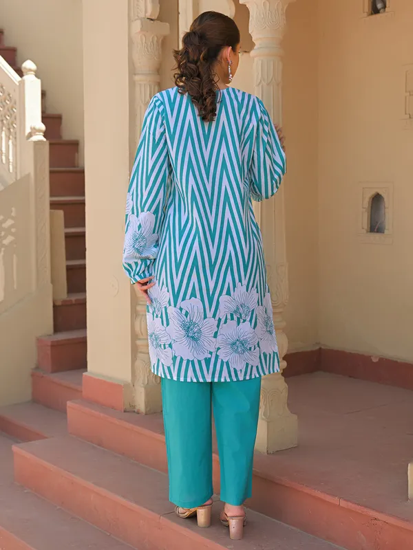 Mint green printed cotton kurti set